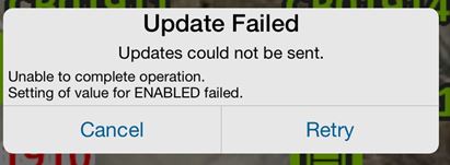 Error message from Collector Classic that says "Update Failed - Updates could not be sent.  Unable to complete operation. Setting of value for ENABLED failed."